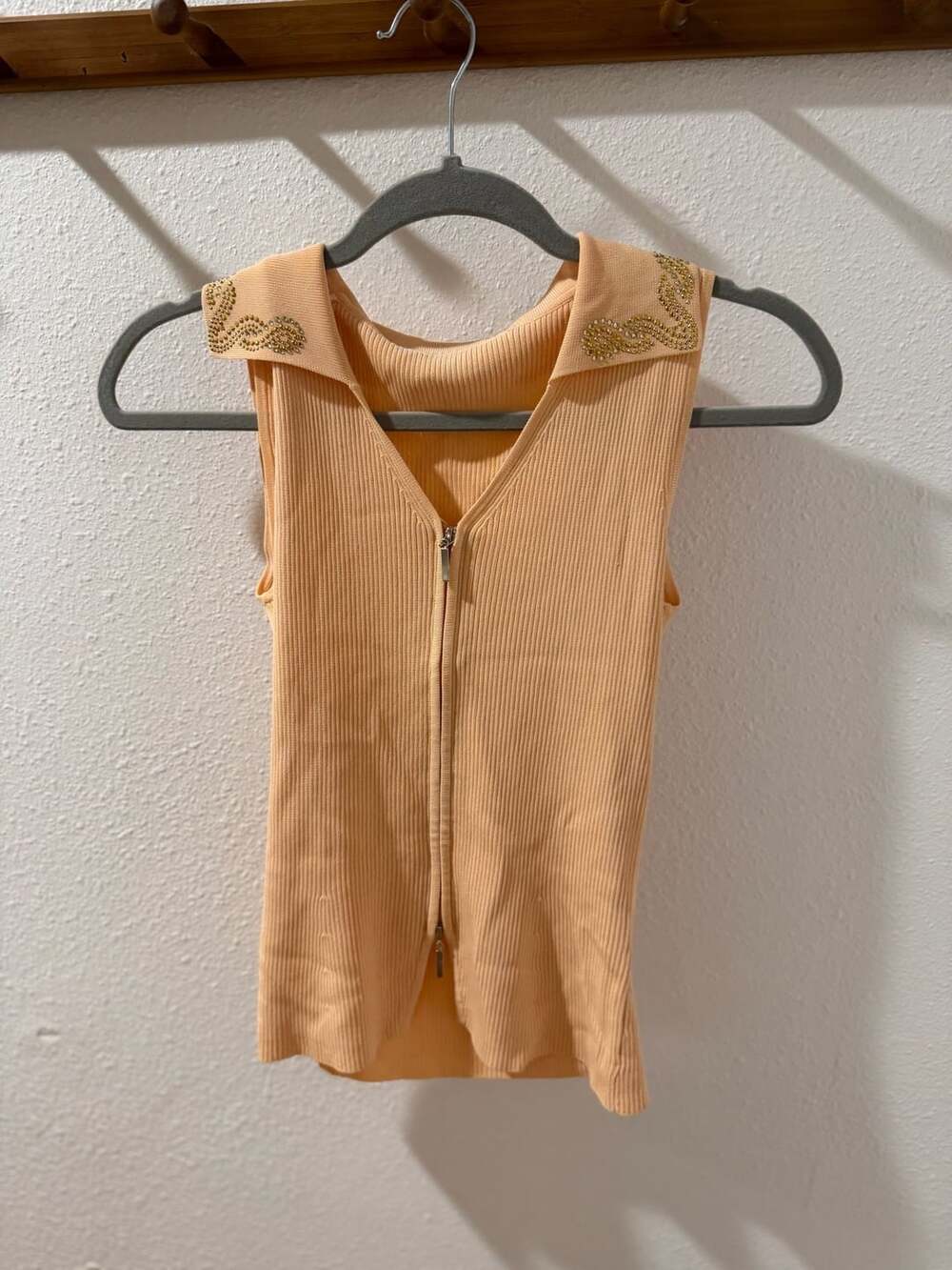 Y2K Cache Sleeveless Half-Zip Sweater Tank Top Peach Rhinestone Collar